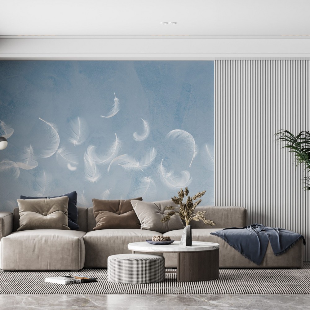 Mavi Degrade Gökyüzü ve Uçuşan Beyaz Tüyler Duvar Kağıdı