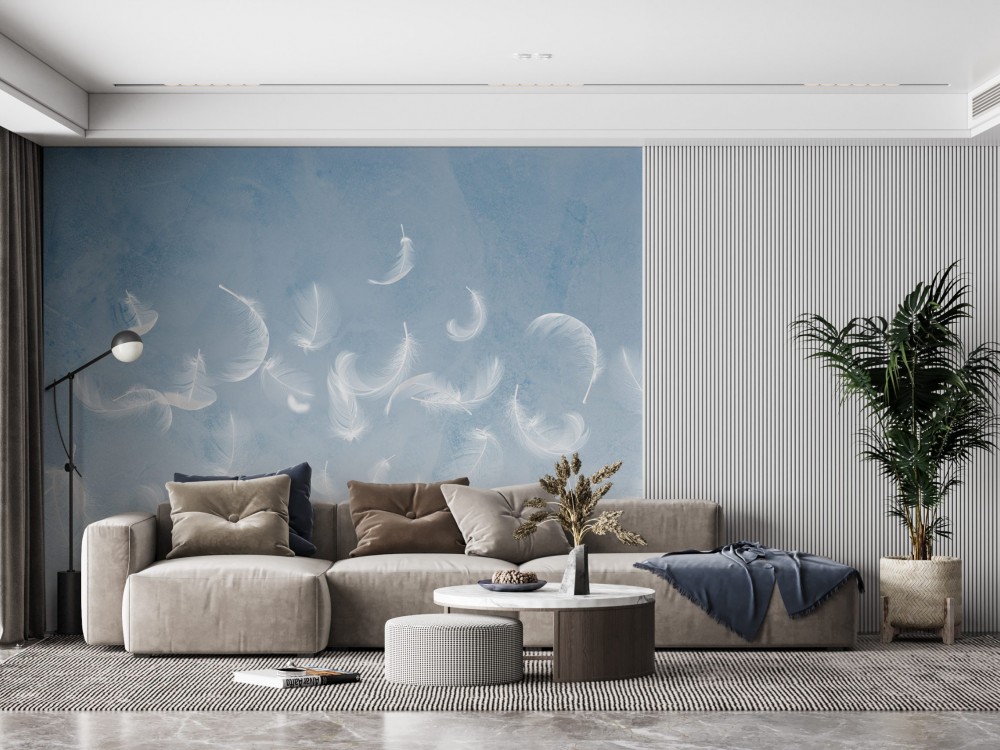 Mavi Degrade Gökyüzü ve Uçuşan Beyaz Tüyler Duvar Kağıdı