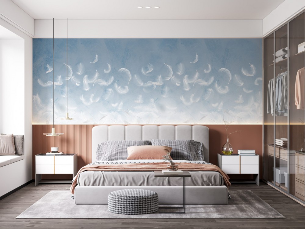 Mavi Degrade Gökyüzü ve Uçuşan Beyaz Tüyler Duvar Kağıdı