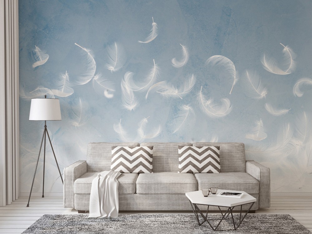 Mavi Degrade Gökyüzü ve Uçuşan Beyaz Tüyler Duvar Kağıdı