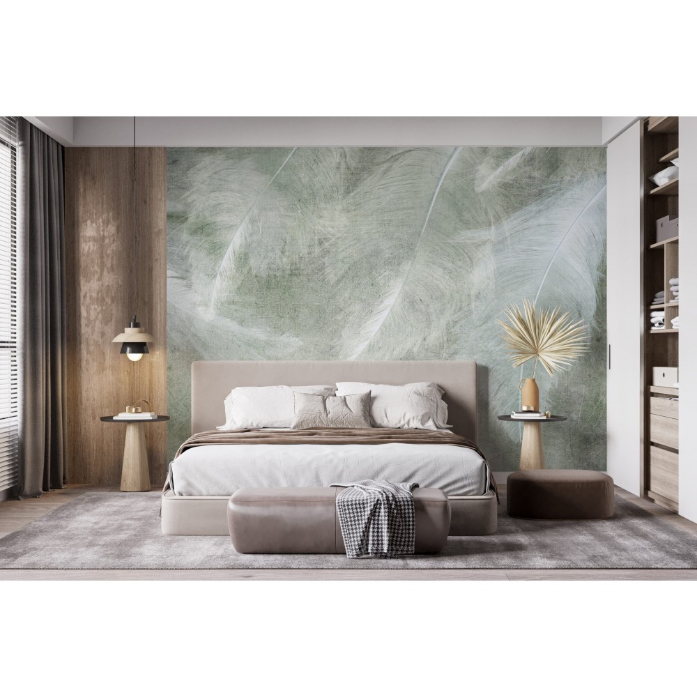 Eskitme Dokulu Mint Yeşil ve Beyaz Tüy Desenli Duvar Kağıdı