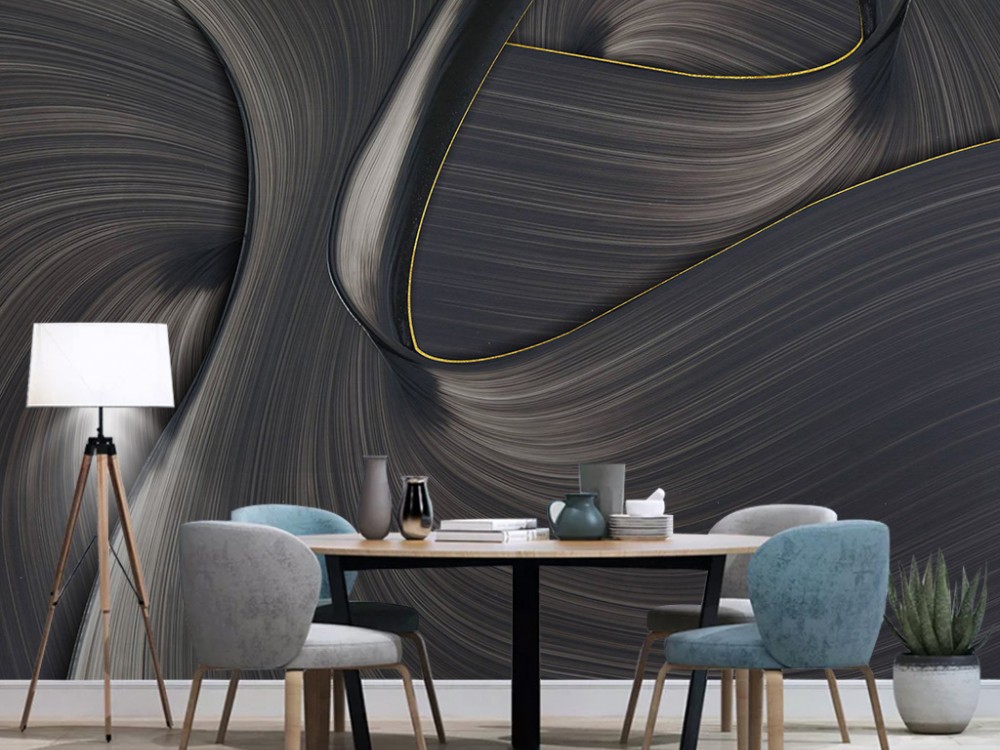 Modern Antrasit ve Altın Çizgili 3D Akışkan Dalga Duvar Kağıdı