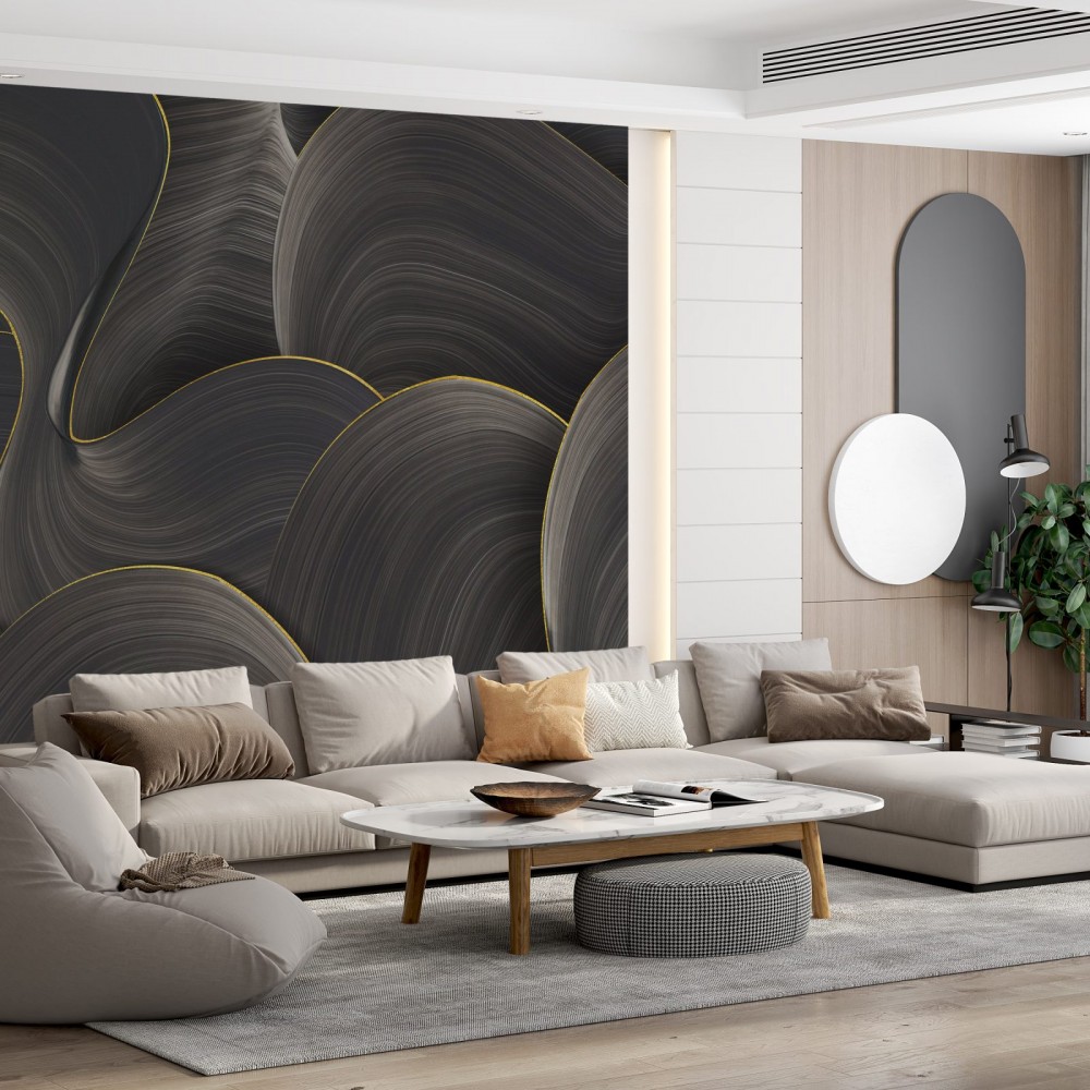 Modern Antrasit ve Altın Kontürlü Akışkan Dalga Duvar Kağıdı