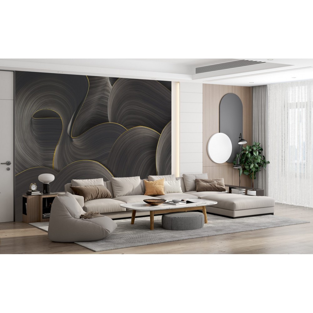 Modern Antrasit ve Altın Kontürlü Akışkan Dalga Duvar Kağıdı