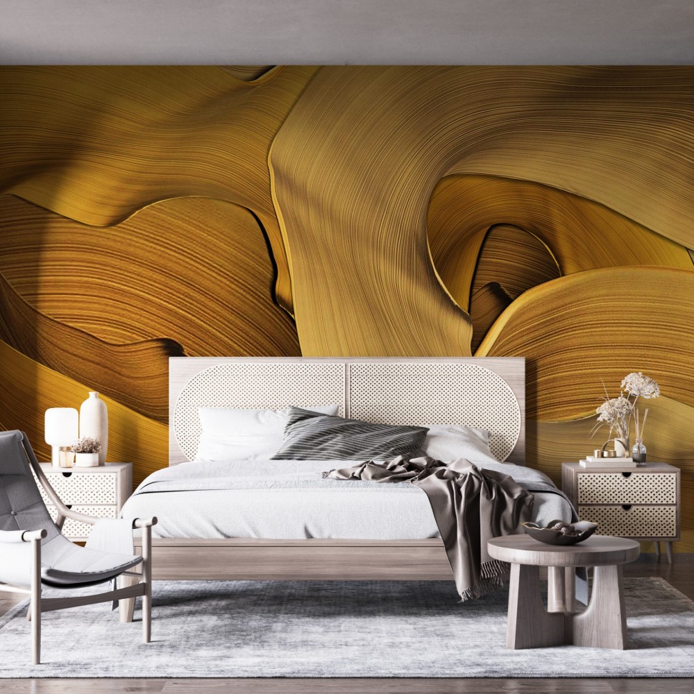 Lüks Altın Sarısı Akışkan Soyut Dalga Tasarım Duvar Kağıdı 