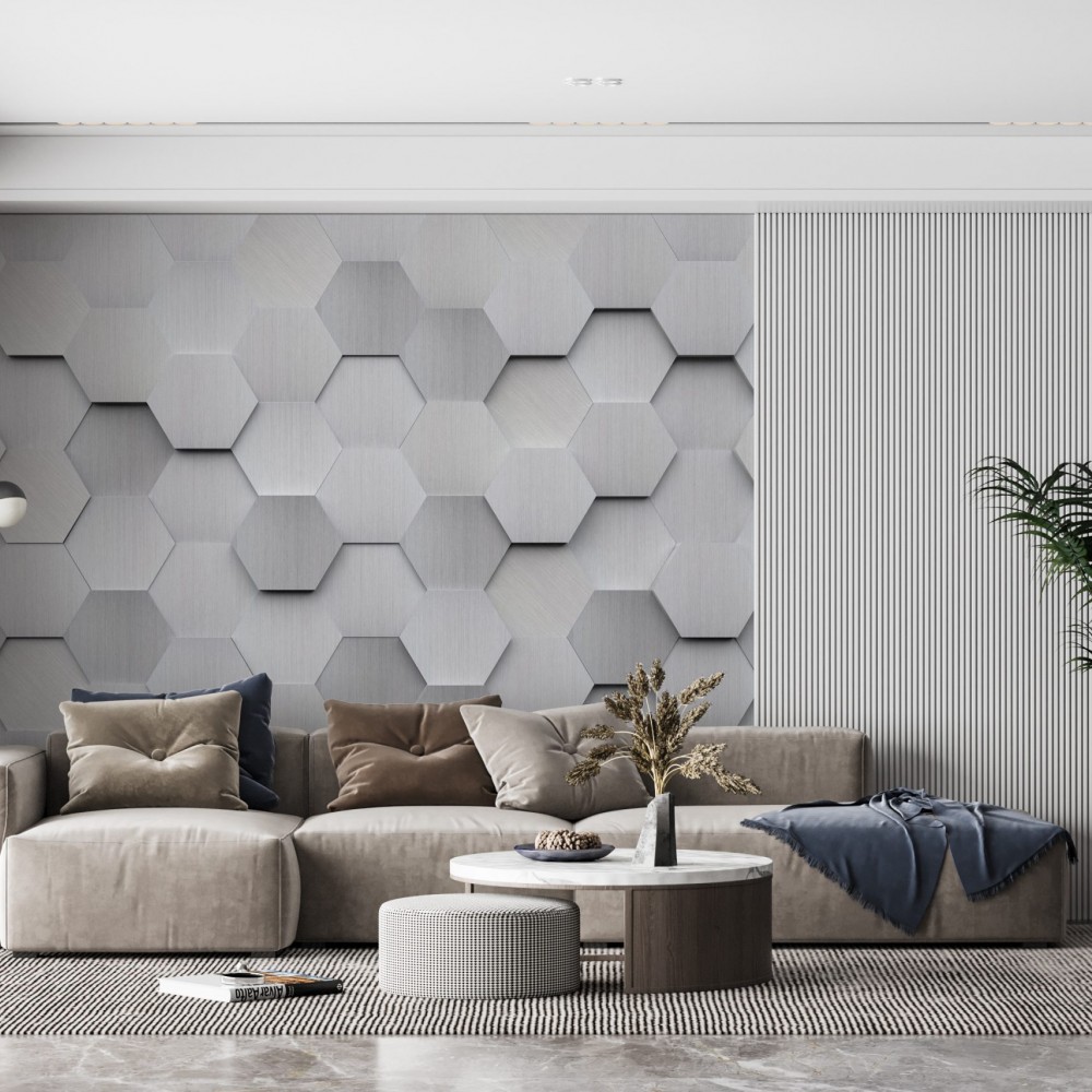 3D Efektli Modern Gri Altıgen Panel Tasarım Duvar Kağıdı
