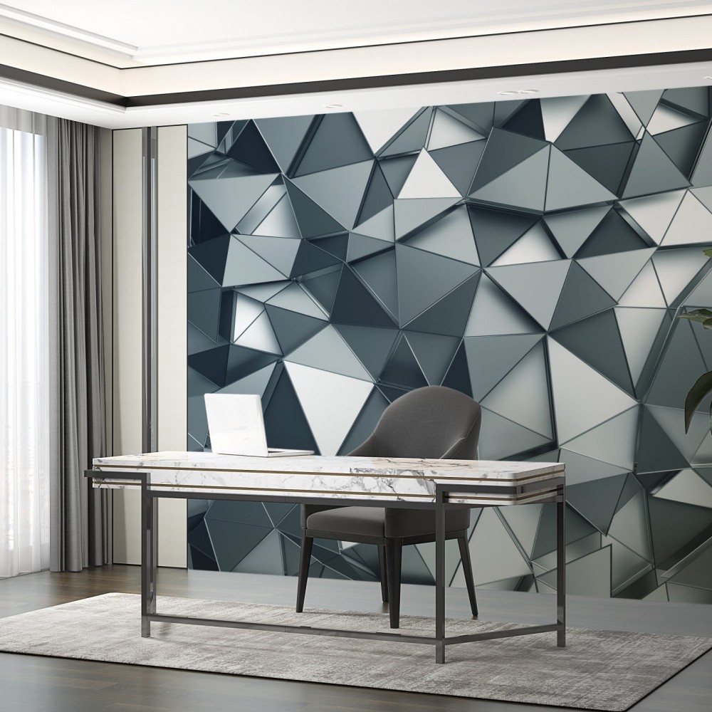 Fütüristik Gümüş Metalik Üçgen Prizma Tasarım Duvar Kağıdı