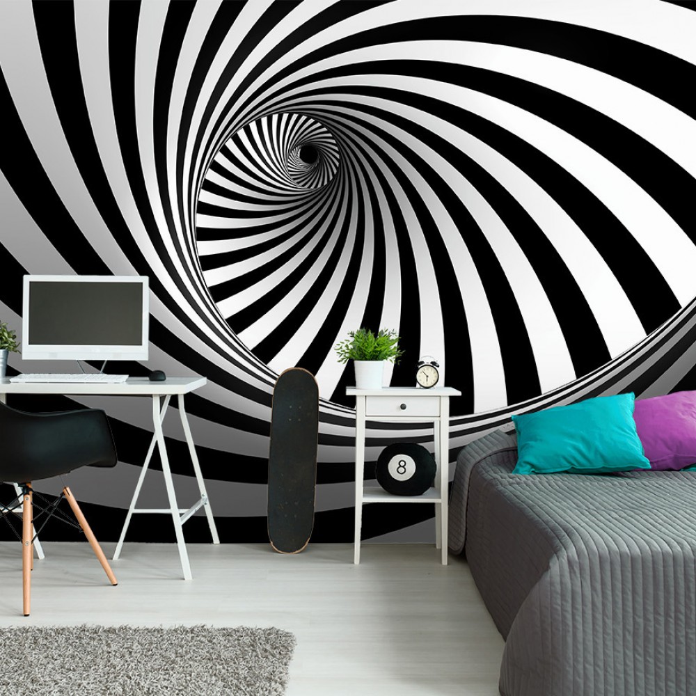 Modern İllüzyonist Siyah Beyaz Vortex Tasarım Duvar Kağıdı