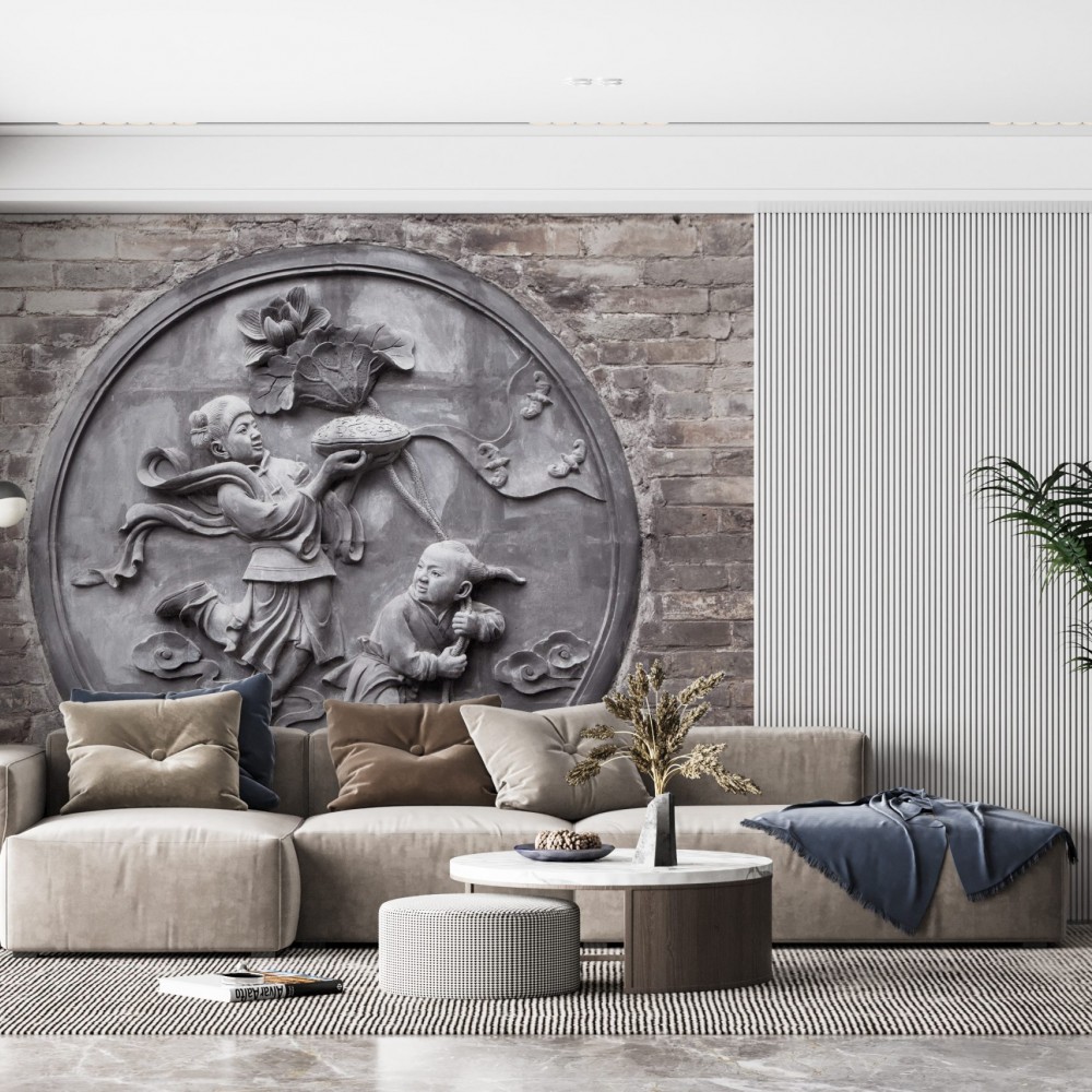 Eskitme Tuğla Zeminli ve Geleneksel Uzak Doğu Taş Oyma Sanatı Duvar Kağıdı