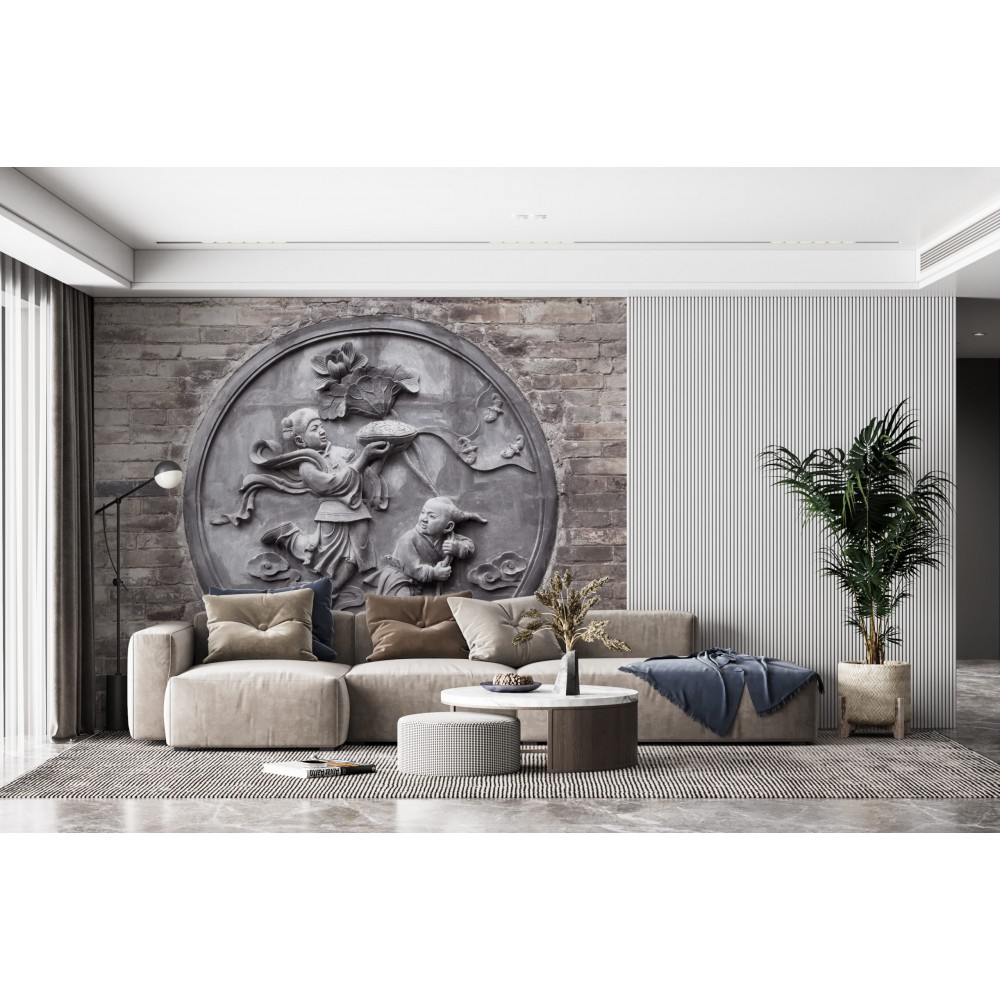 Eskitme Tuğla Zeminli ve Geleneksel Uzak Doğu Taş Oyma Sanatı Duvar Kağıdı