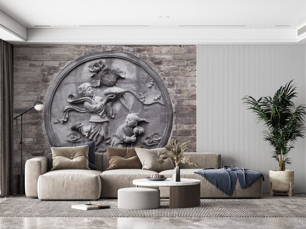 Eskitme Tuğla Zeminli ve Geleneksel Uzak Doğu Taş Oyma Sanatı Duvar Kağıdı