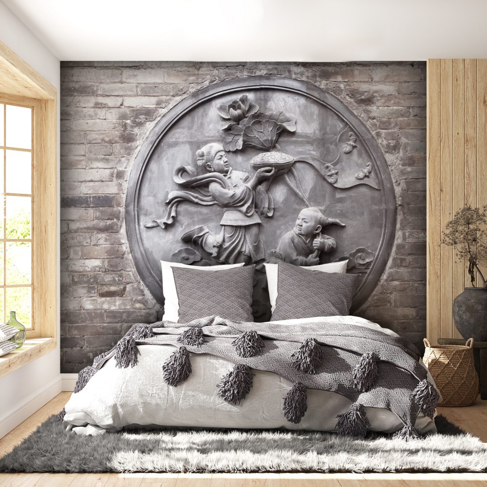 Eskitme Tuğla Zeminli ve Geleneksel Uzak Doğu Taş Oyma Sanatı Duvar Kağıdı