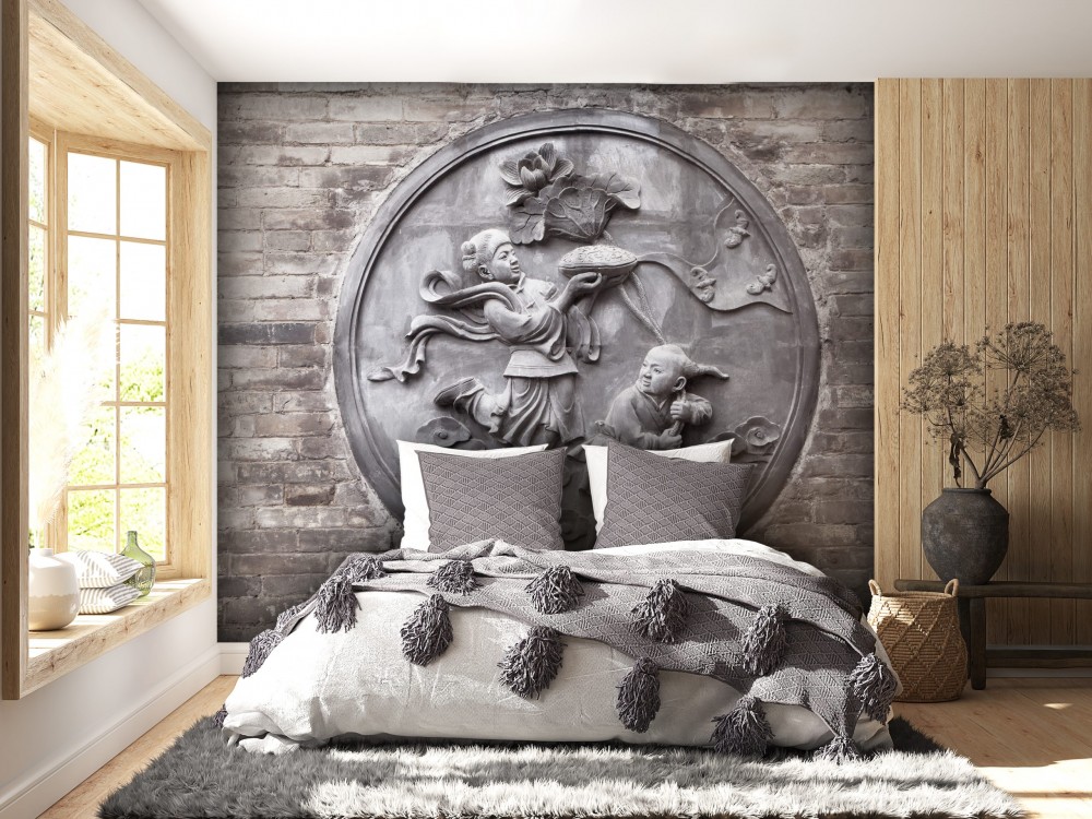 Eskitme Tuğla Zeminli ve Geleneksel Uzak Doğu Taş Oyma Sanatı Duvar Kağıdı