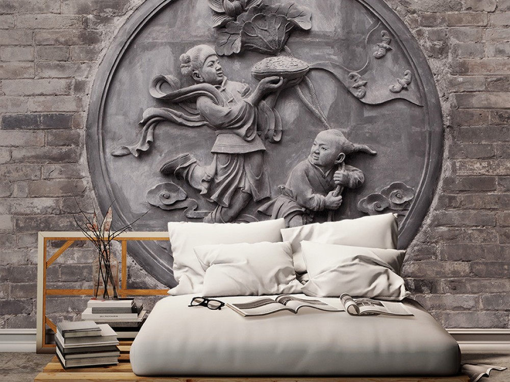 Eskitme Tuğla Zeminli ve Geleneksel Uzak Doğu Taş Oyma Sanatı Duvar Kağıdı