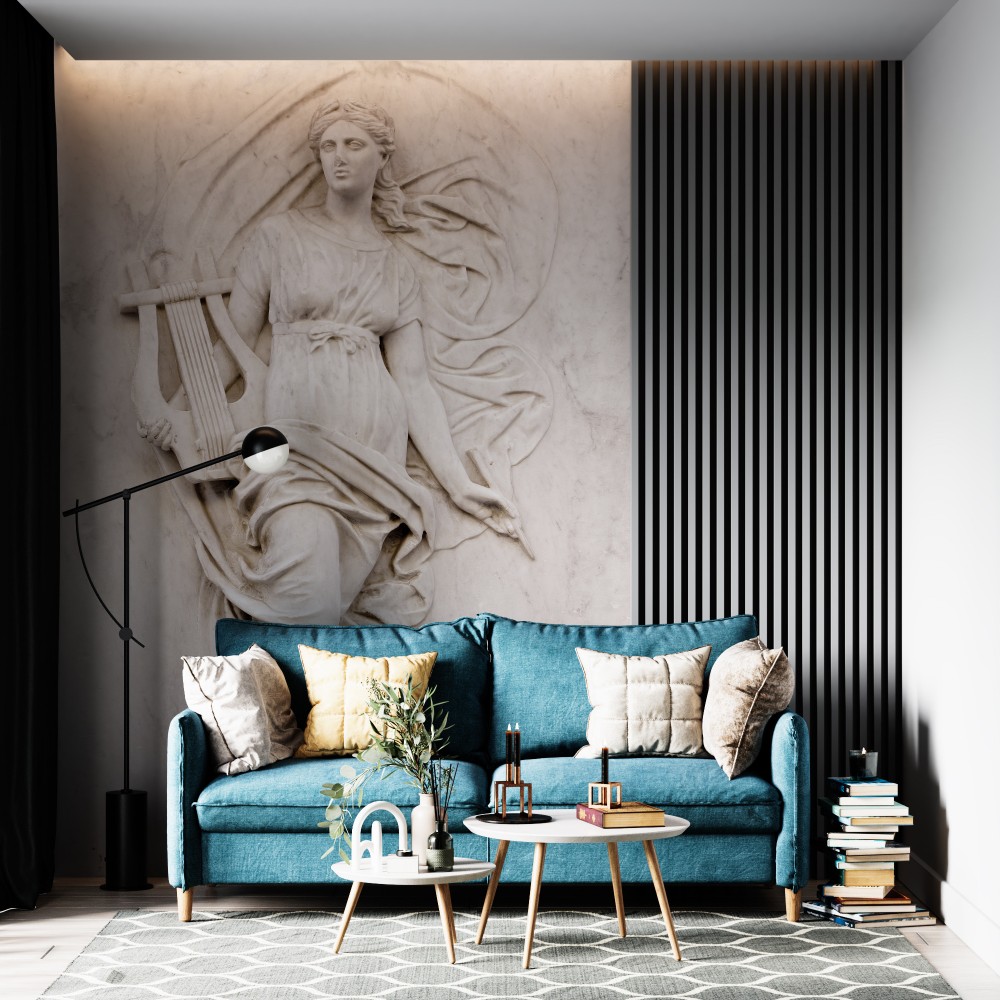 Mermer Dokulu Zemin Üzerine Antik Yunan Tanrıçası ve Lir Kabartma Desenli Duvar Kağıdı