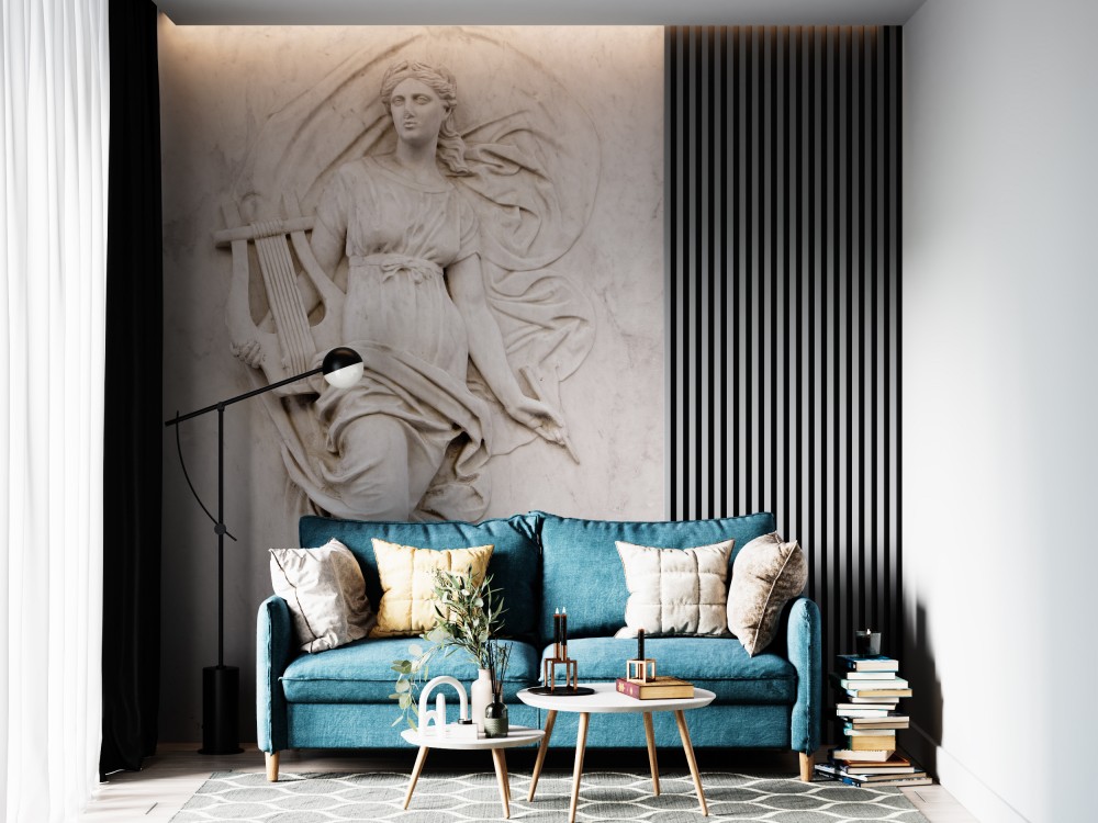 Mermer Dokulu Zemin Üzerine Antik Yunan Tanrıçası ve Lir Kabartma Desenli Duvar Kağıdı