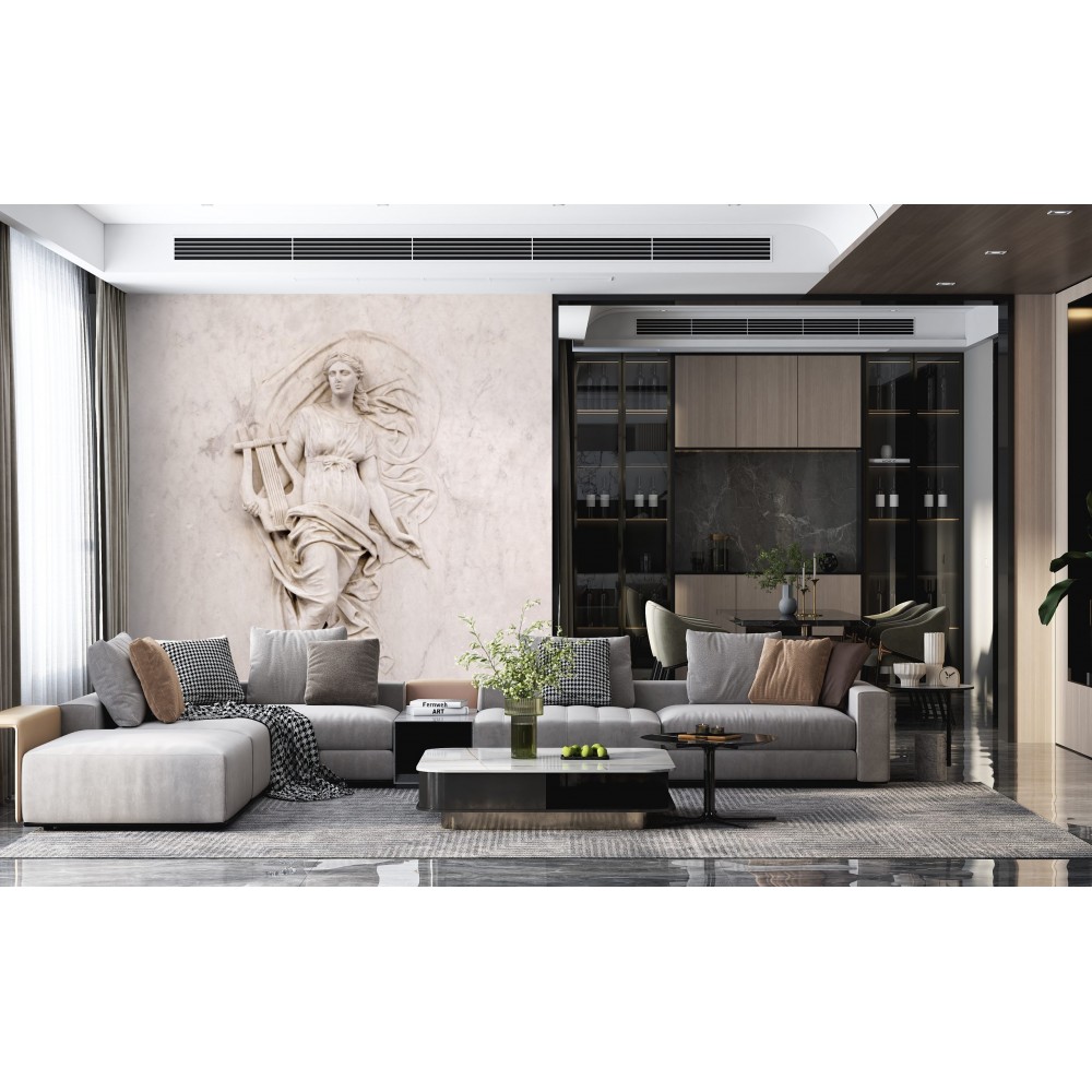 Mermer Dokulu Zemin Üzerine Antik Yunan Tanrıçası ve Lir Kabartma Desenli Duvar Kağıdı