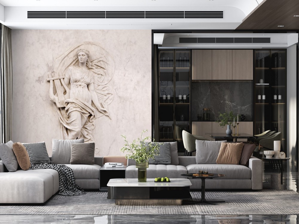 Mermer Dokulu Zemin Üzerine Antik Yunan Tanrıçası ve Lir Kabartma Desenli Duvar Kağıdı