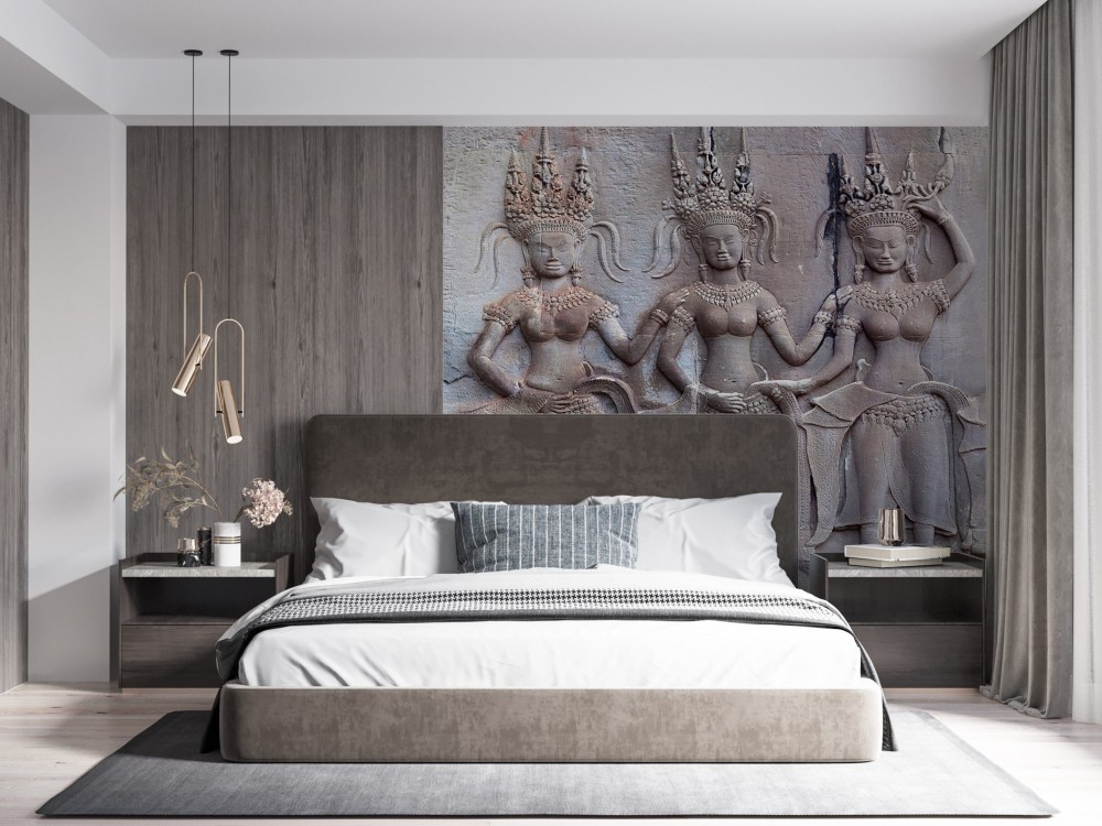 Antik Kmer Sanatı Taş Kabartma Apsara Figürlü 3D Duvar Kağıdı