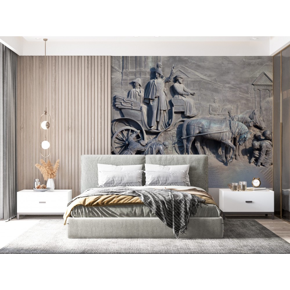 Atlı Araba ve Mimari Figürlü Antik Taş Kabartma Duvar Kağıdı