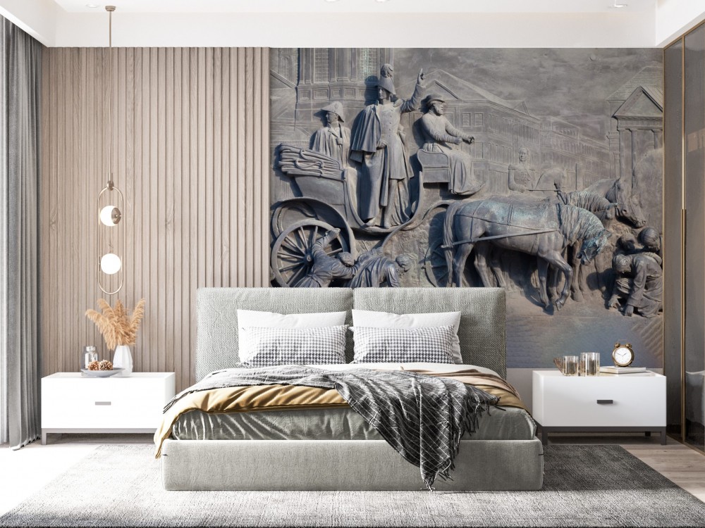 Atlı Araba ve Mimari Figürlü Antik Taş Kabartma Duvar Kağıdı