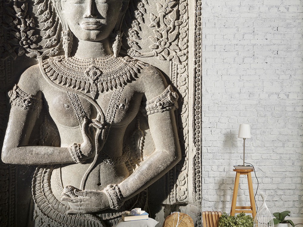 Buddha Seri: Antik Taş Kabartma Buda Figürlü 3D Etkili Duvar Kağıdı