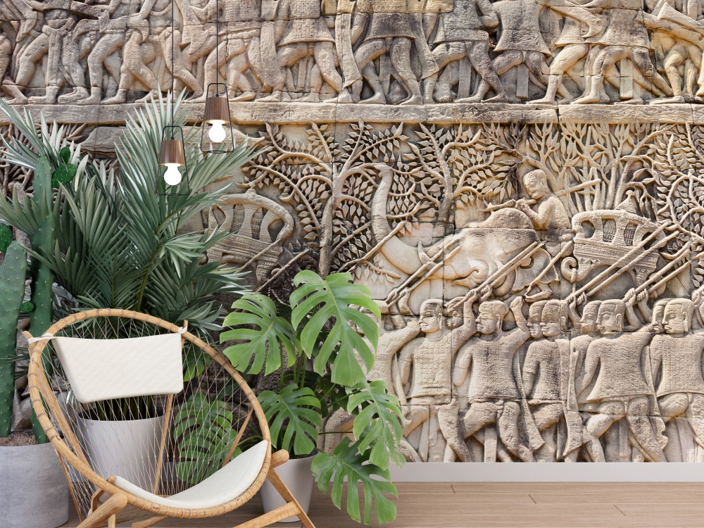 Antik Ordu ve Savaş Sahnesi Rölyef Görünümlü Taş Dokulu Duvar Kağıdı