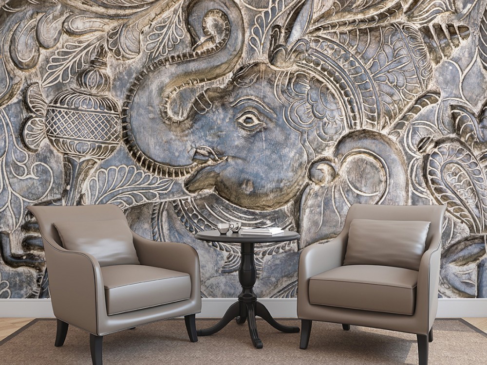 Antik Hint Tarzı Fil Rölyef Görünümlü ve Taş Oyma Dokulu Etnik Duvar Kağıdı