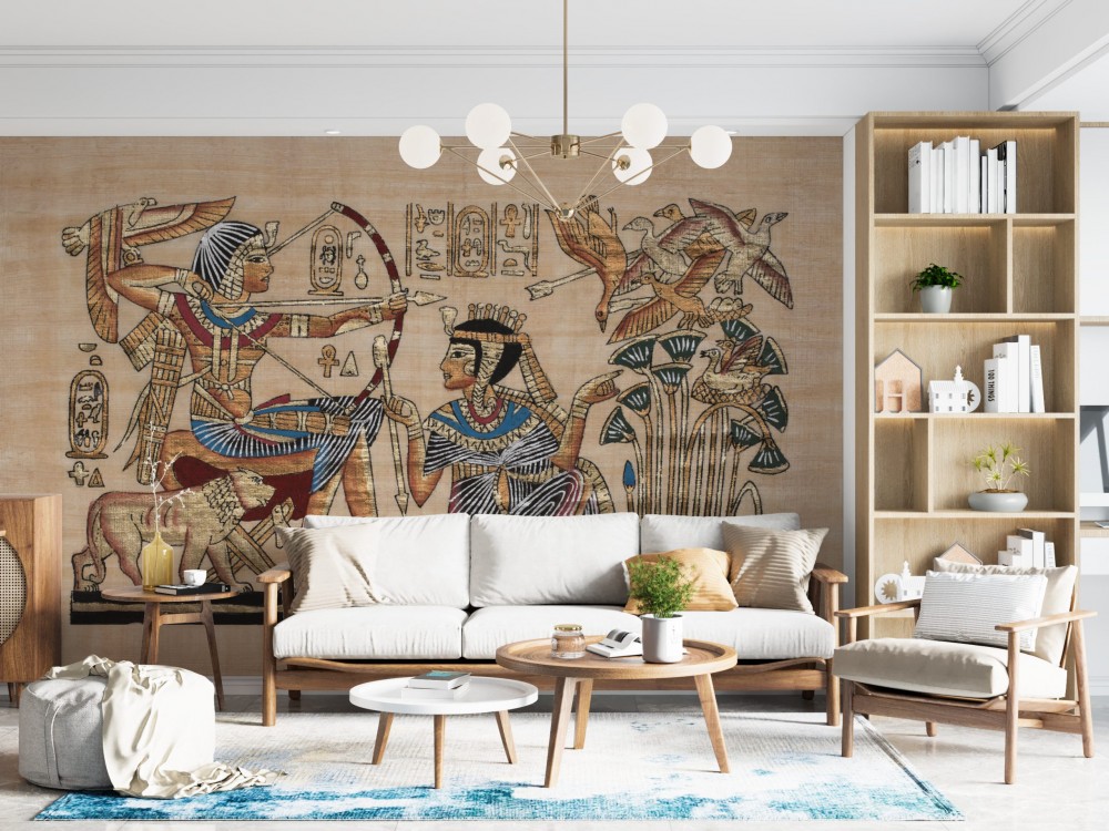 Antik Mısır Papirüs Dokulu Av Sahnesi Desenli Duvar Kağıdı