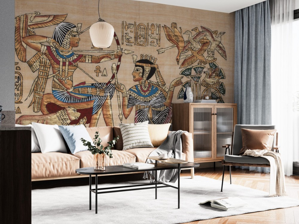 Antik Mısır Papirüs Dokulu Av Sahnesi Desenli Duvar Kağıdı