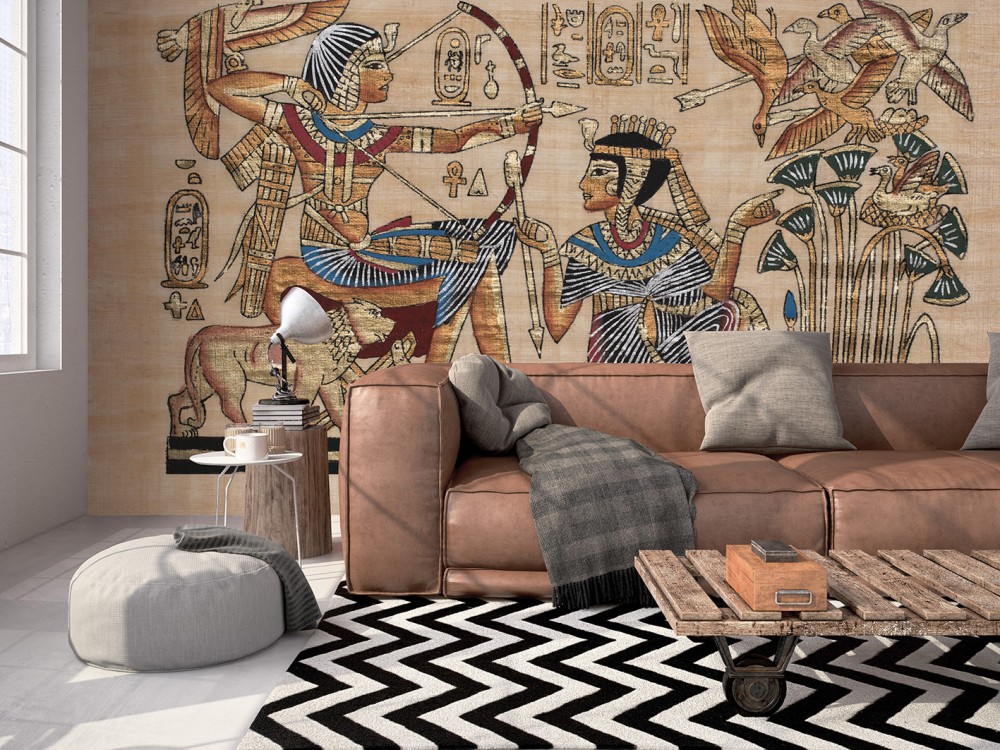 Antik Mısır Papirüs Dokulu Av Sahnesi Desenli Duvar Kağıdı