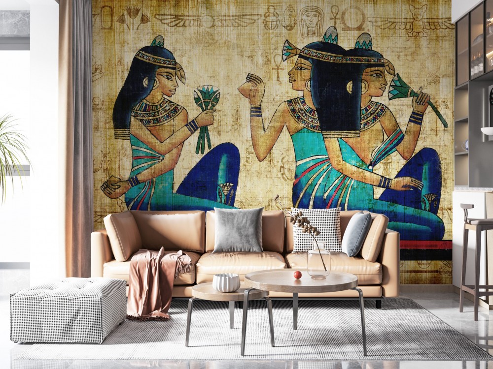 Antik Mısır Papirüs Dokulu ve Nil Güzelleri Desenli Duvar Kağıdı