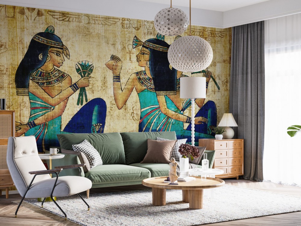 Antik Mısır Papirüs Dokulu ve Nil Güzelleri Desenli Duvar Kağıdı