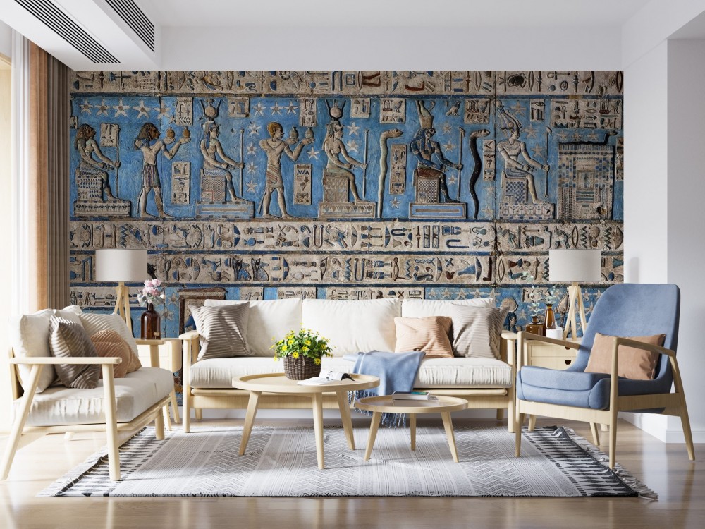 Antik Mısır Temalı Hiyeroglif Yazılı ve Mavi Taş Dokulu Rölyef Görünümlü Duvar Kağıdı