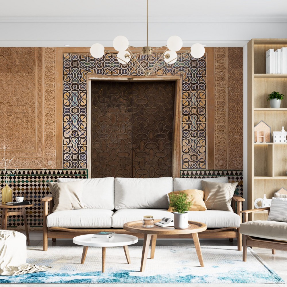 Etnik Endülüs Saray Kapısı ve Mağribi Geometrik Desenli Duvar Kağıdı