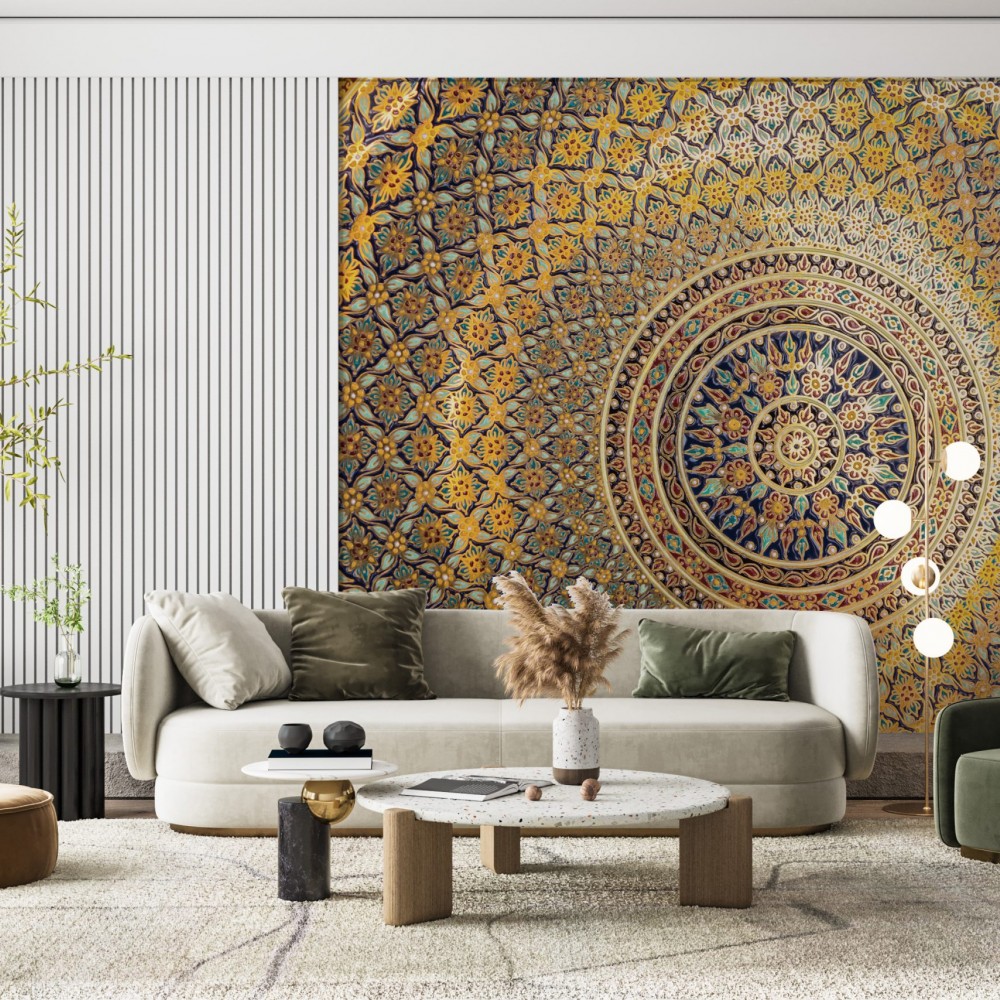Modern Etnik Mandala Desenli ve Altın Işıltılı Tezhip Sanatı Duvar Kağıdı
