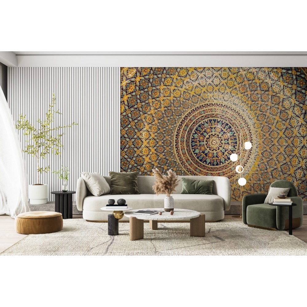 Modern Etnik Mandala Desenli ve Altın Işıltılı Tezhip Sanatı Duvar Kağıdı