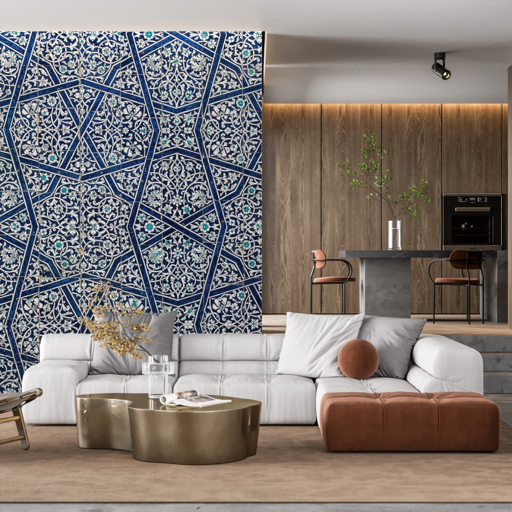 Geleneksel Lacivert Selçuklu Yıldızı Desenli Duvar Kağıdı