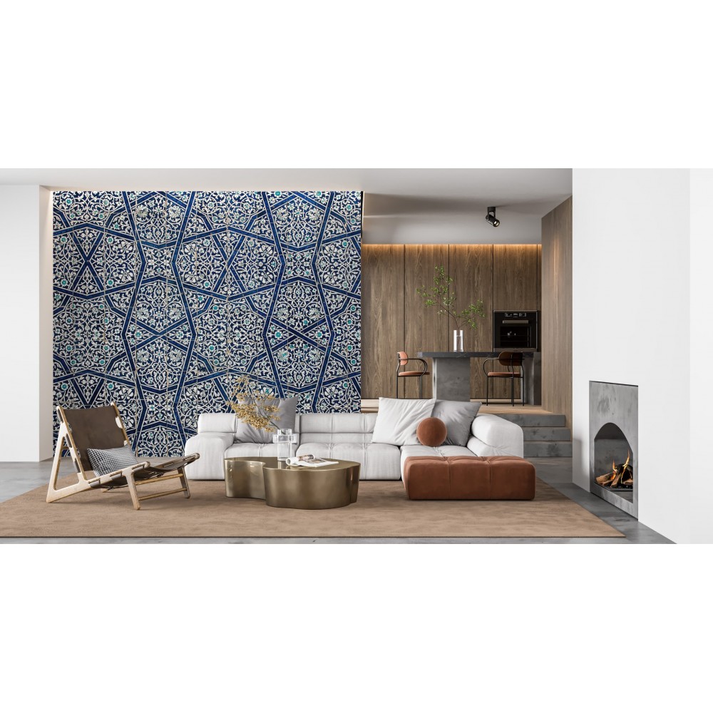 Geleneksel Lacivert Selçuklu Yıldızı Desenli Duvar Kağıdı