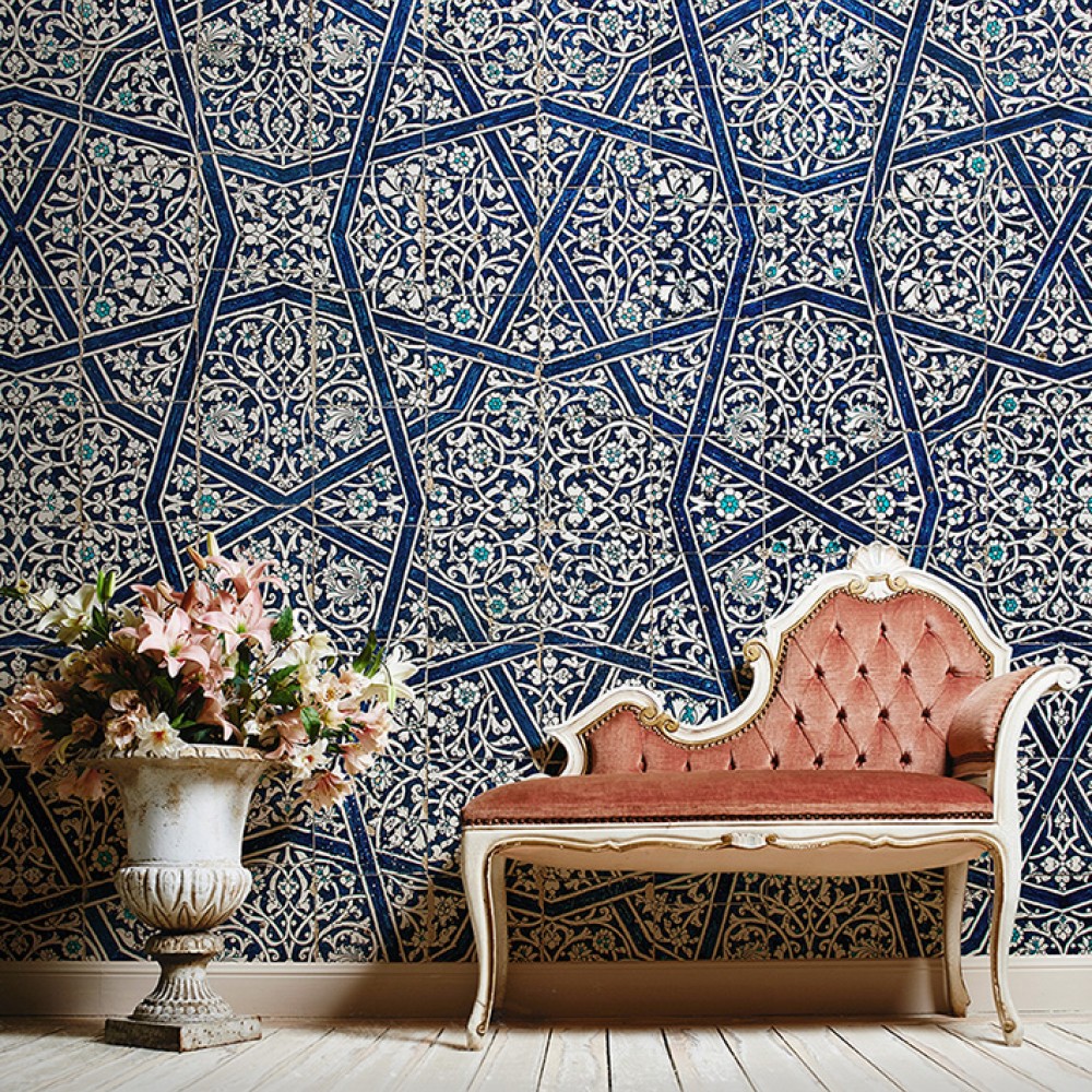 Geleneksel Lacivert Selçuklu Yıldızı Desenli Duvar Kağıdı