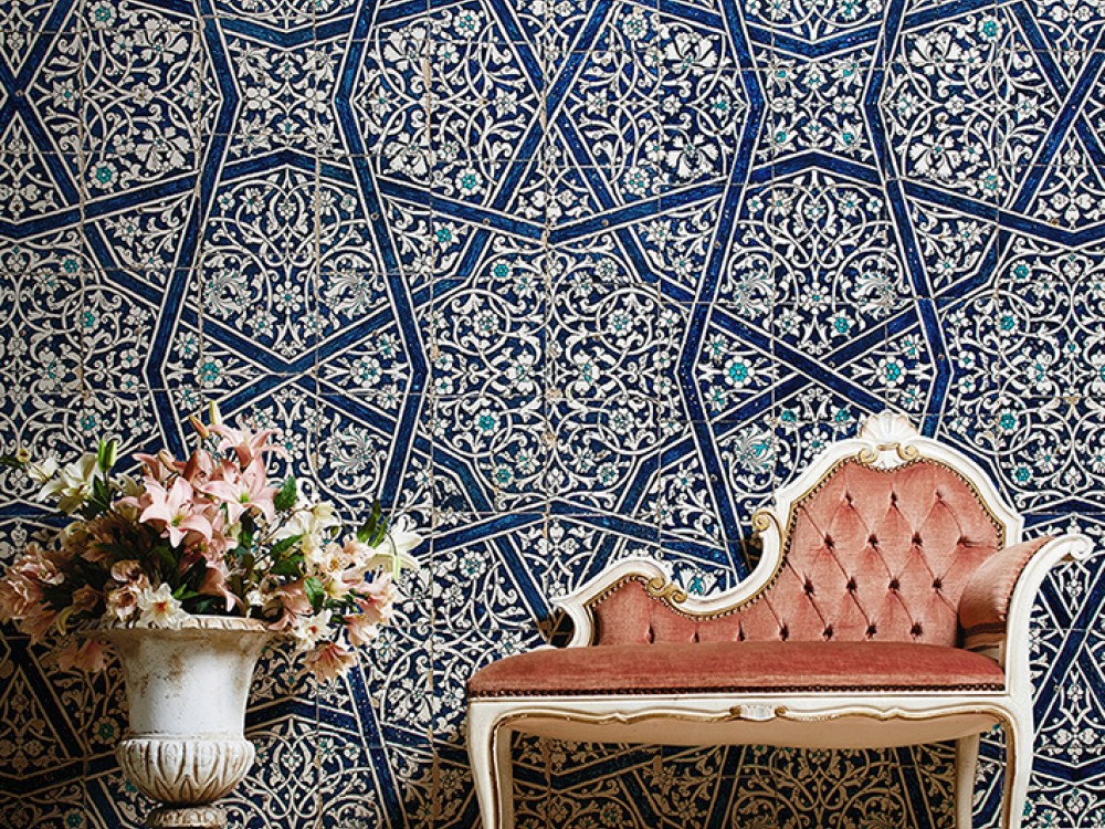 Geleneksel Lacivert Selçuklu Yıldızı Desenli Duvar Kağıdı