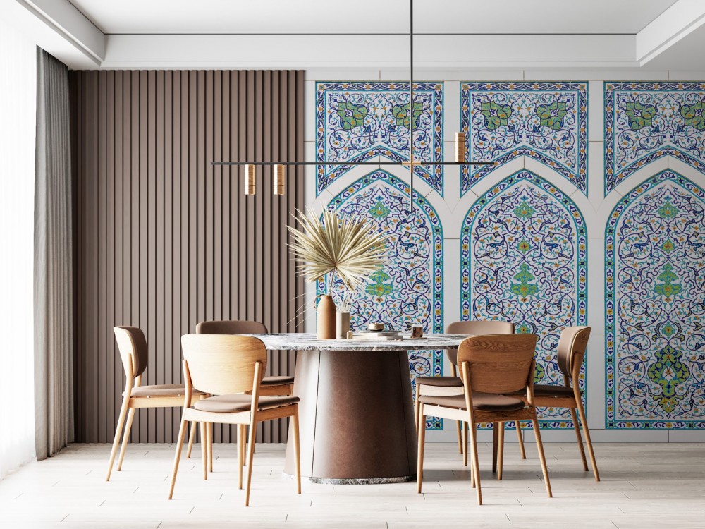 Beyaz Zeminli Modern Kemer ve Klasik Türk Çini Motifli Duvar Kağıdı