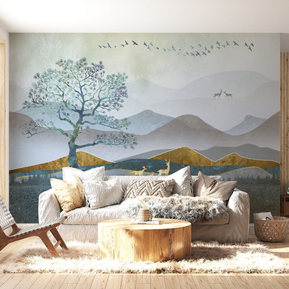 Mistika Doğa: Panoramik Dağ Silüeti ve Estetik Ağaç Figürlü Duvar Kağıdı