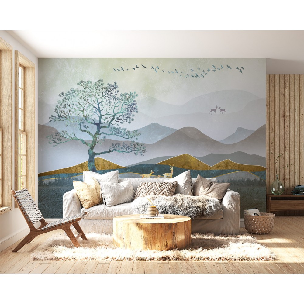 Mistika Doğa: Panoramik Dağ Silüeti ve Estetik Ağaç Figürlü Duvar Kağıdı