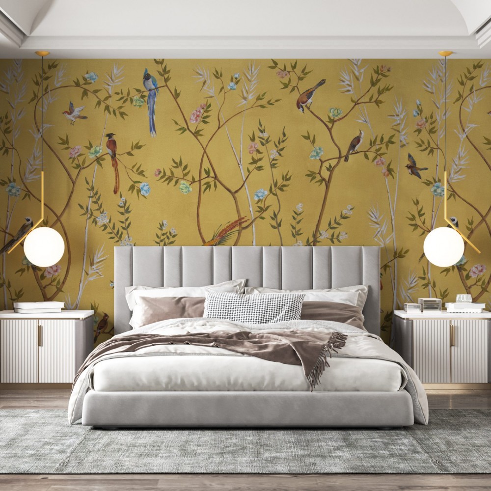 Chinoiserie Tarzı Altın Sarısı Panoramik Doğa ve Bahar Bahçesi Duvar Kağıdı
