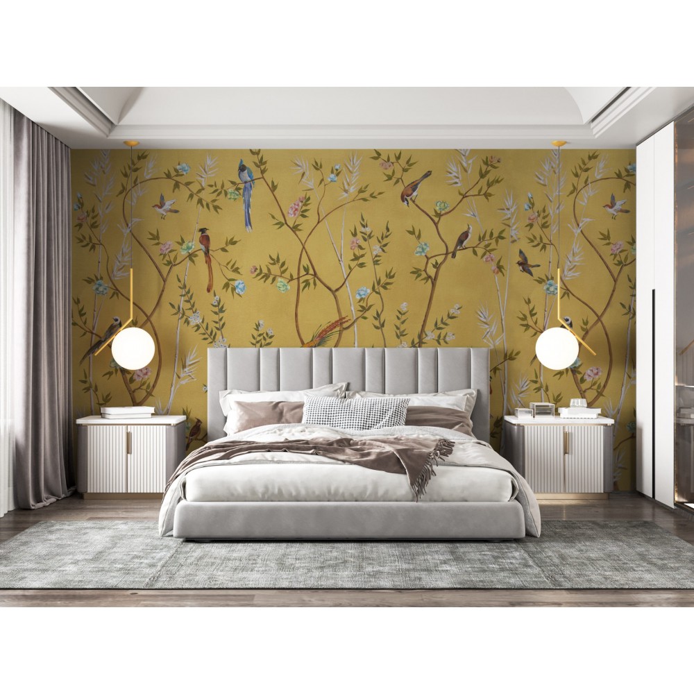 Chinoiserie Tarzı Altın Sarısı Panoramik Doğa ve Bahar Bahçesi Duvar Kağıdı