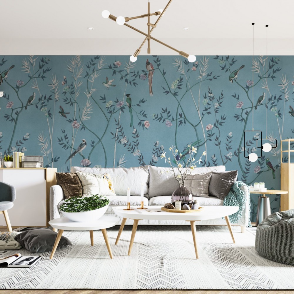 Chinoiserie Stil Turkuaz Zeminli Kuş ve Egzotik Bambu Dalları Desenli Duvar Kağıdı