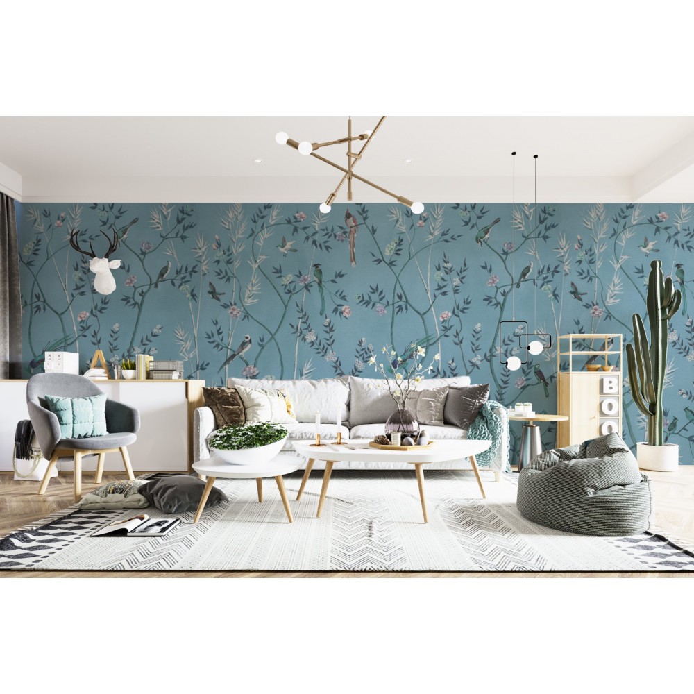 Chinoiserie Stil Turkuaz Zeminli Kuş ve Egzotik Bambu Dalları Desenli Duvar Kağıdı