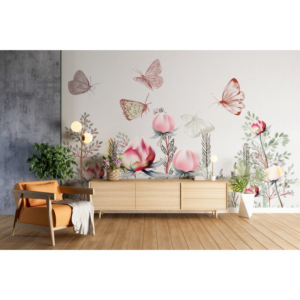 Modern Sanatsal Çiçek Tomurcukları ve Uçuşan Kelebekler Temalı Duvar Kağıdı