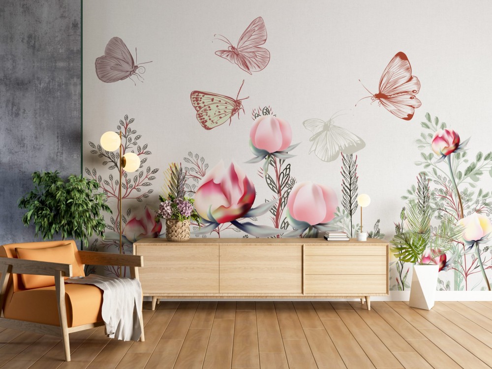 Modern Sanatsal Çiçek Tomurcukları ve Uçuşan Kelebekler Temalı Duvar Kağıdı